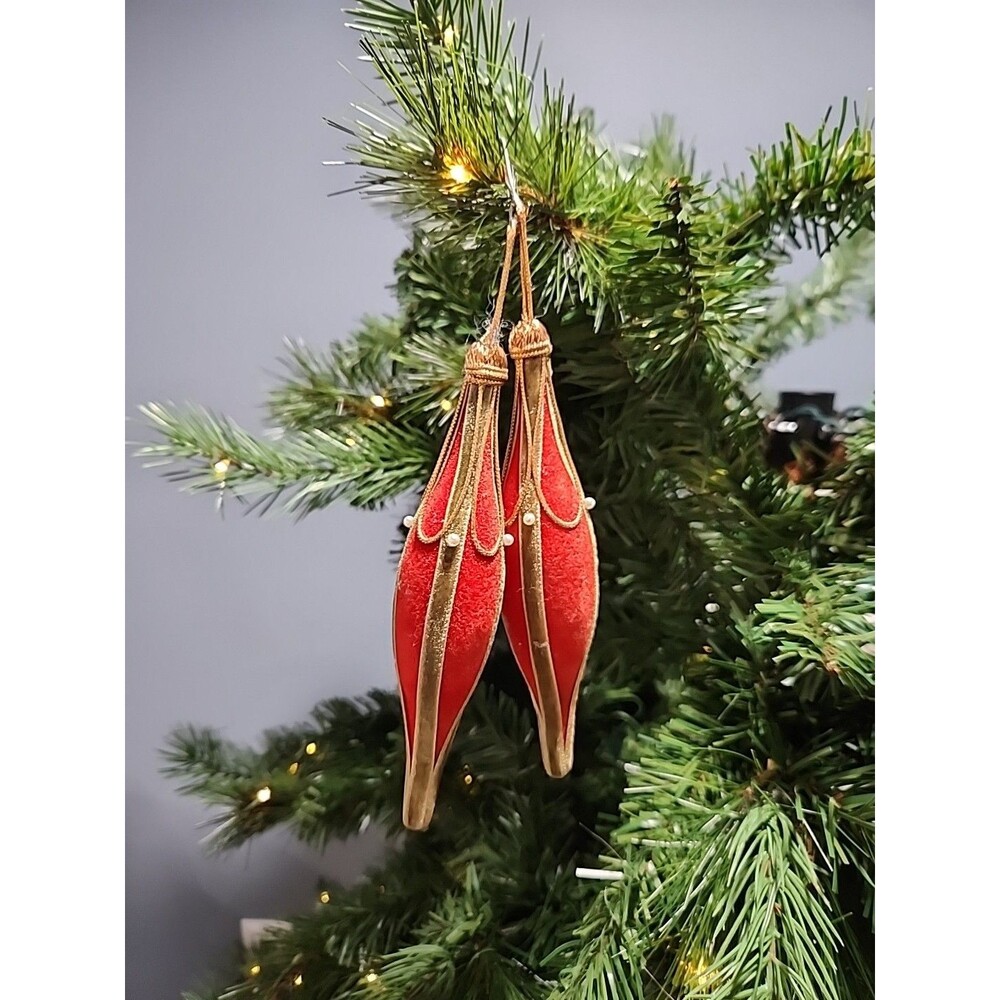 Vintage Christmas Red & Gold Flocked Teardrop Glass Ornaments  Made In Japan